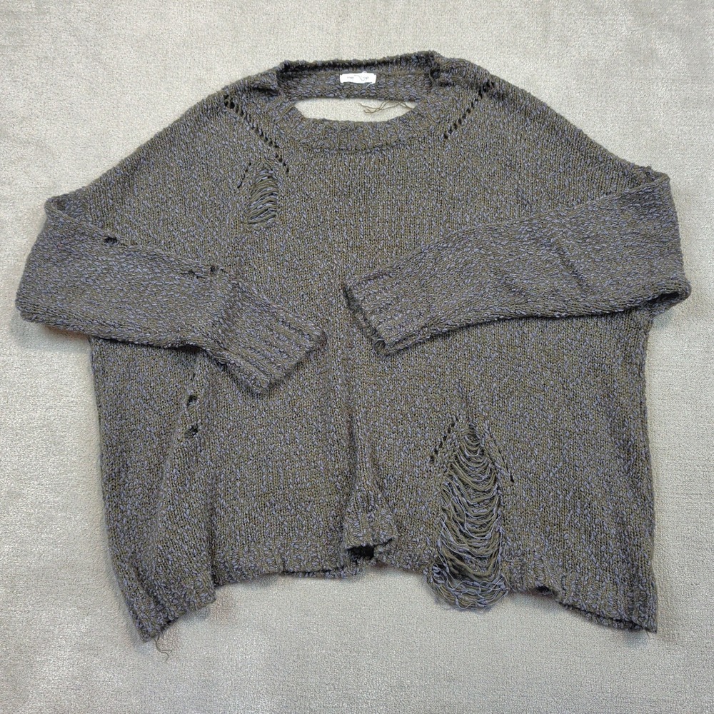 Mittoshop Sweater Womens M/L Olive Green Distressed Chunky Knit Oversized Ripped